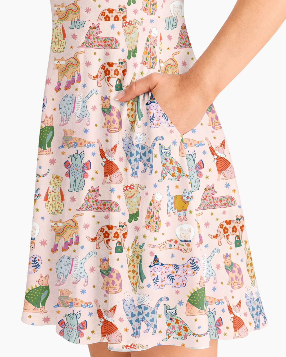 Whimsical Cat Parade Bamboo Women’s Short Sleeve Twirl Dress