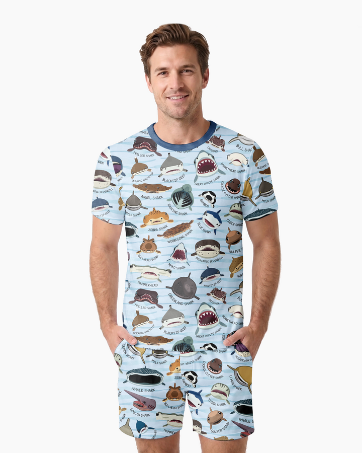 Shark Faces Bamboo Men Short Sleeve Short Pajama Set