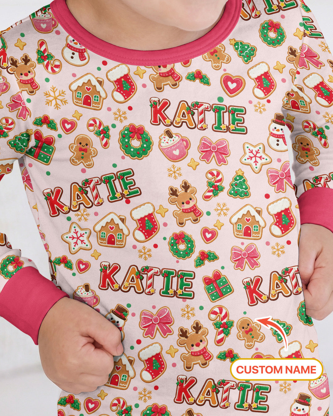 Pink GingerBread Custom Name Bamboo Two Piece Long Sleeve Pajama Set