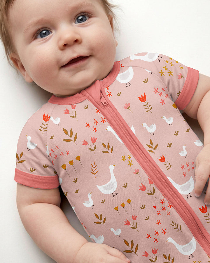Geese and Flowers Bamboo Shorty Zippered Romper