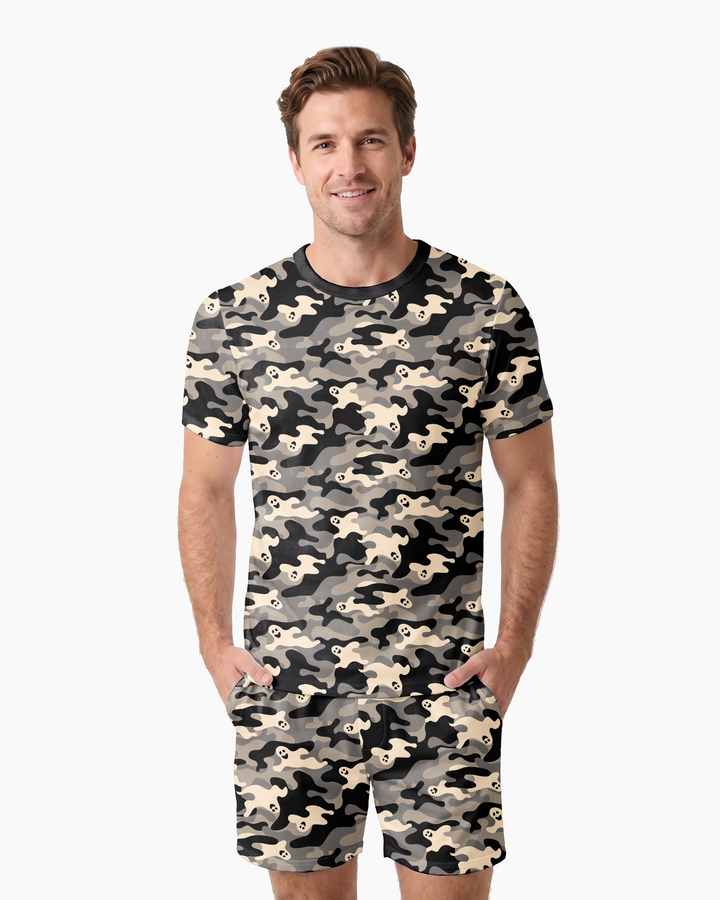 Camo Halloween Ghost Bamboo Men Short Sleeve Short Pajama Set