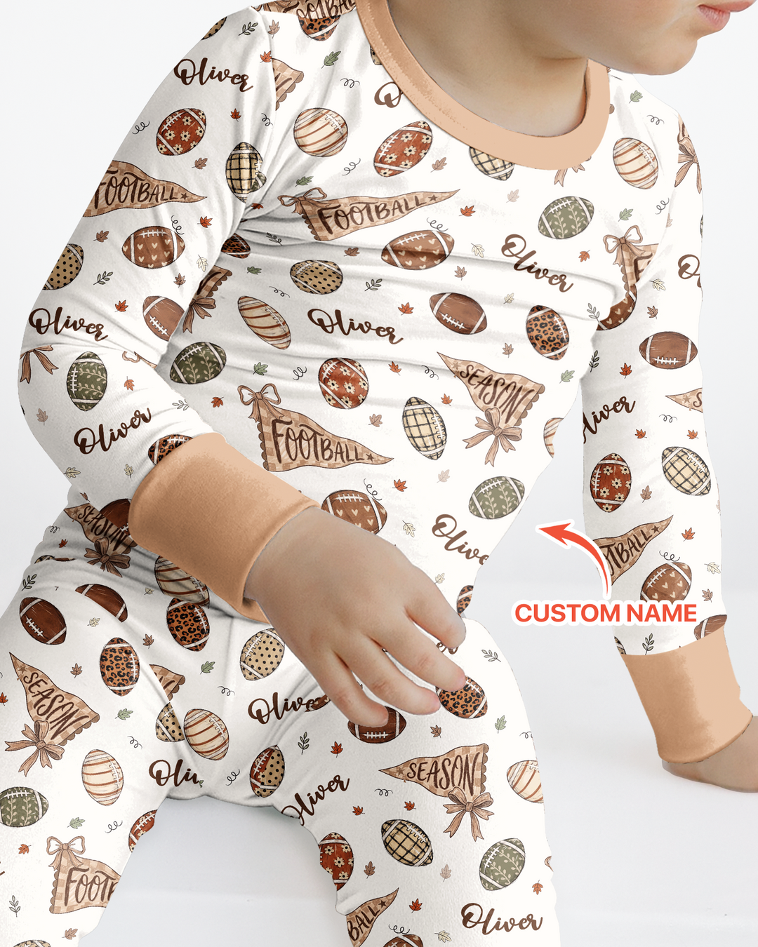 Custom Name Football Fall Season Bamboo Two Piece Long Sleeve Pajama Set