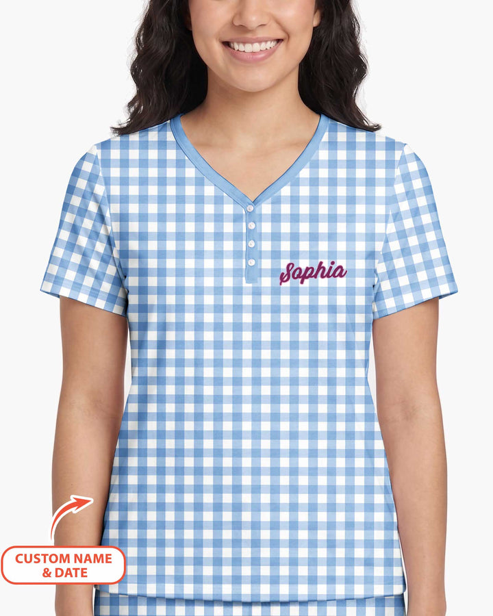 Embroidered Seersucker Bamboo Women Short Sleeve Short Pajama Set