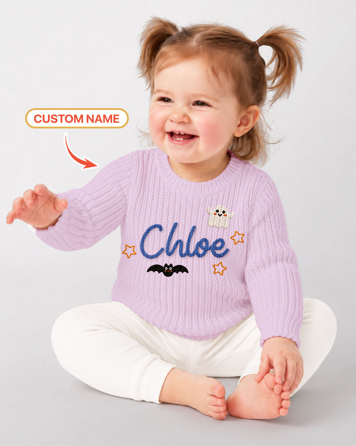 Happy Halloween Embroidered Baby Name Bamboo Knit Sweater Bubble