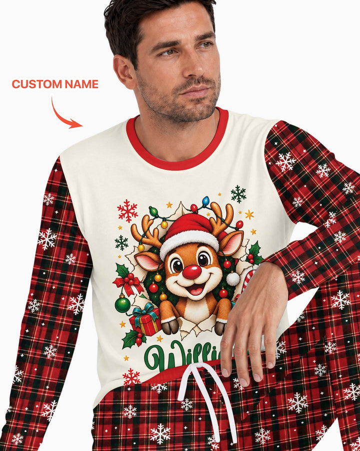 Cute Reindeer in Santa Hat Bamboo Men's Pajama Set
