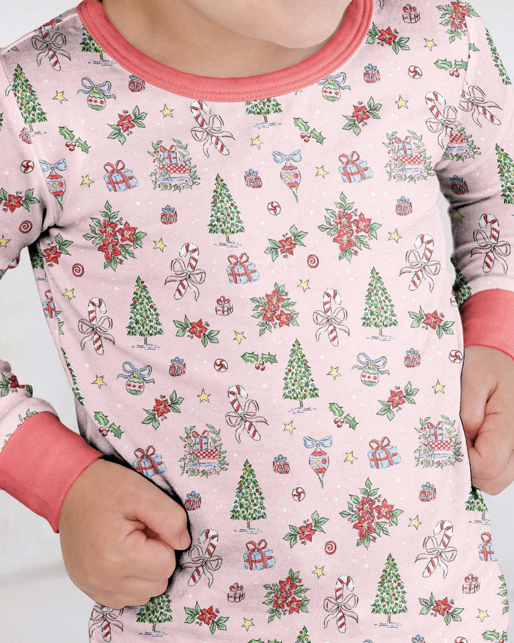 Watercolor Pink Christmas Holidays Christmas Tree Gifts Candy Cane Bamboo Two Piece Long Sleeve Pajama Set