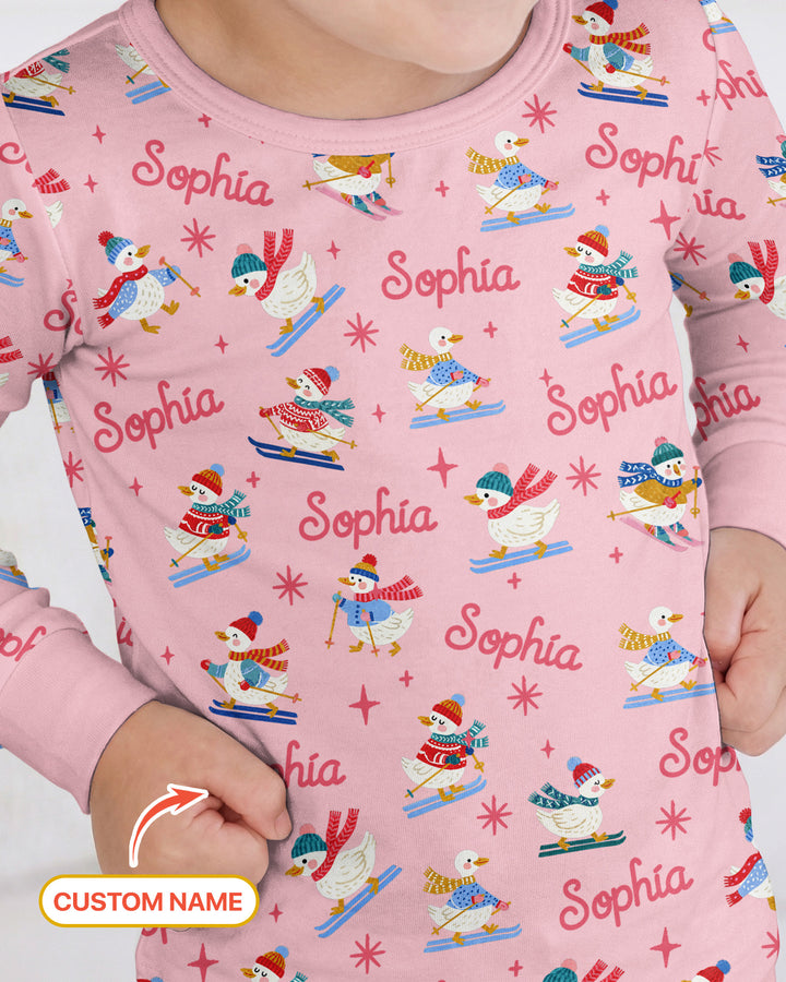 Custom Name Skiing Goose Bamboo Two Piece Long Sleeve Pajama Set