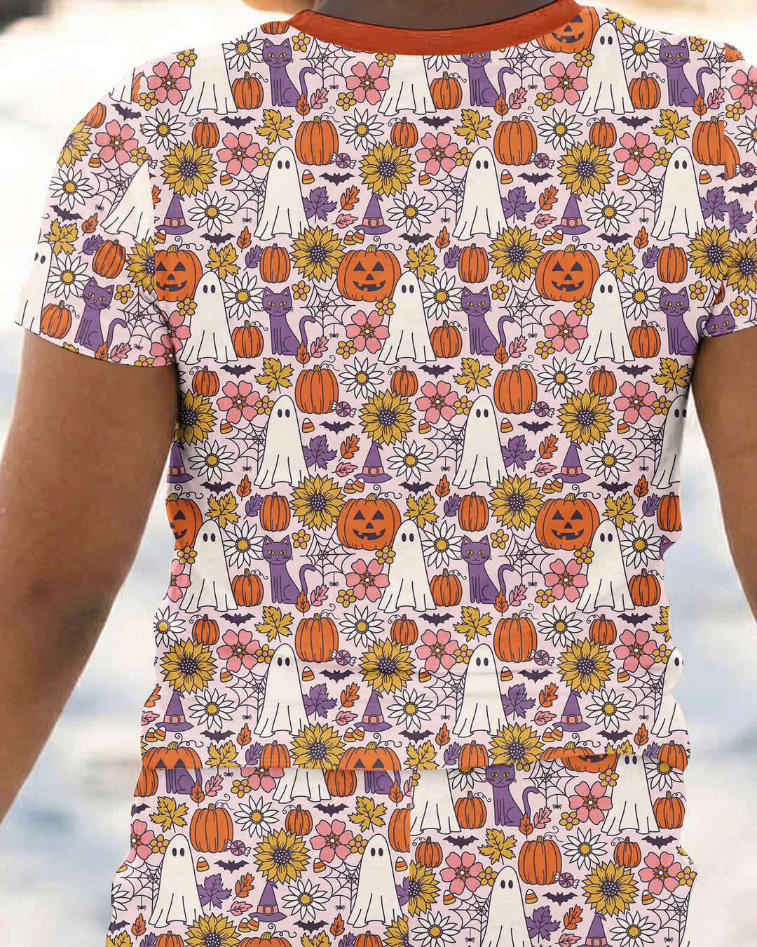 Ghost Pumpkin Fall Floral Halloween Bamboo Two Piece Short Sleeve Pajama Set
