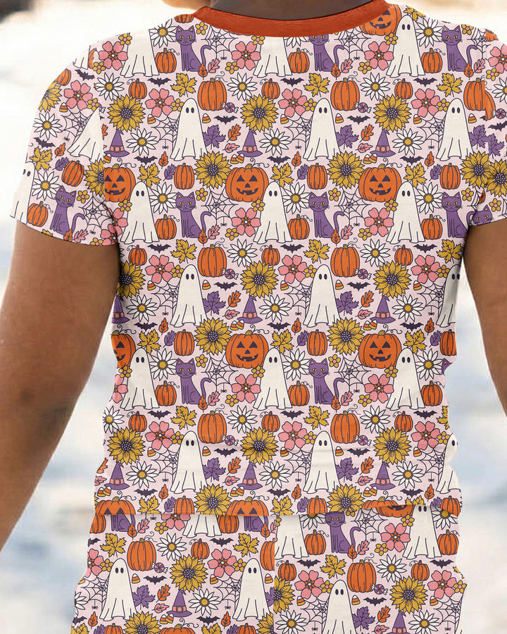 Ghost Pumpkin Fall Floral Halloween Bamboo Two Piece Short Sleeve Pajama Set