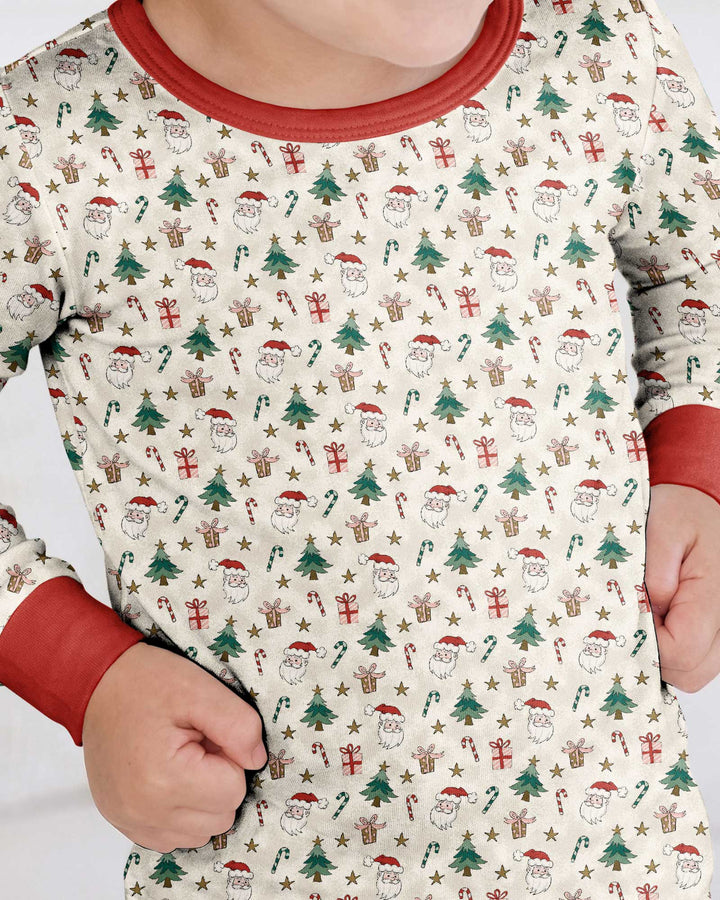 Vintage Santa Christmas Doodles Bamboo Two Piece Long Sleeve Pajama Set