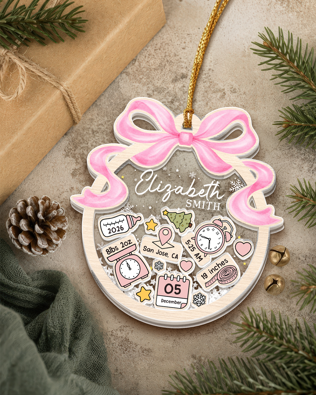 Personalized Baby's First Christmas Shaker Ornament-  Coquette Bow Newborn Keepsake