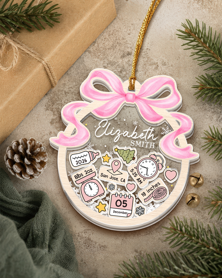 Personalized Baby's First Christmas Shaker Ornament-  Coquette Bow Newborn Keepsake