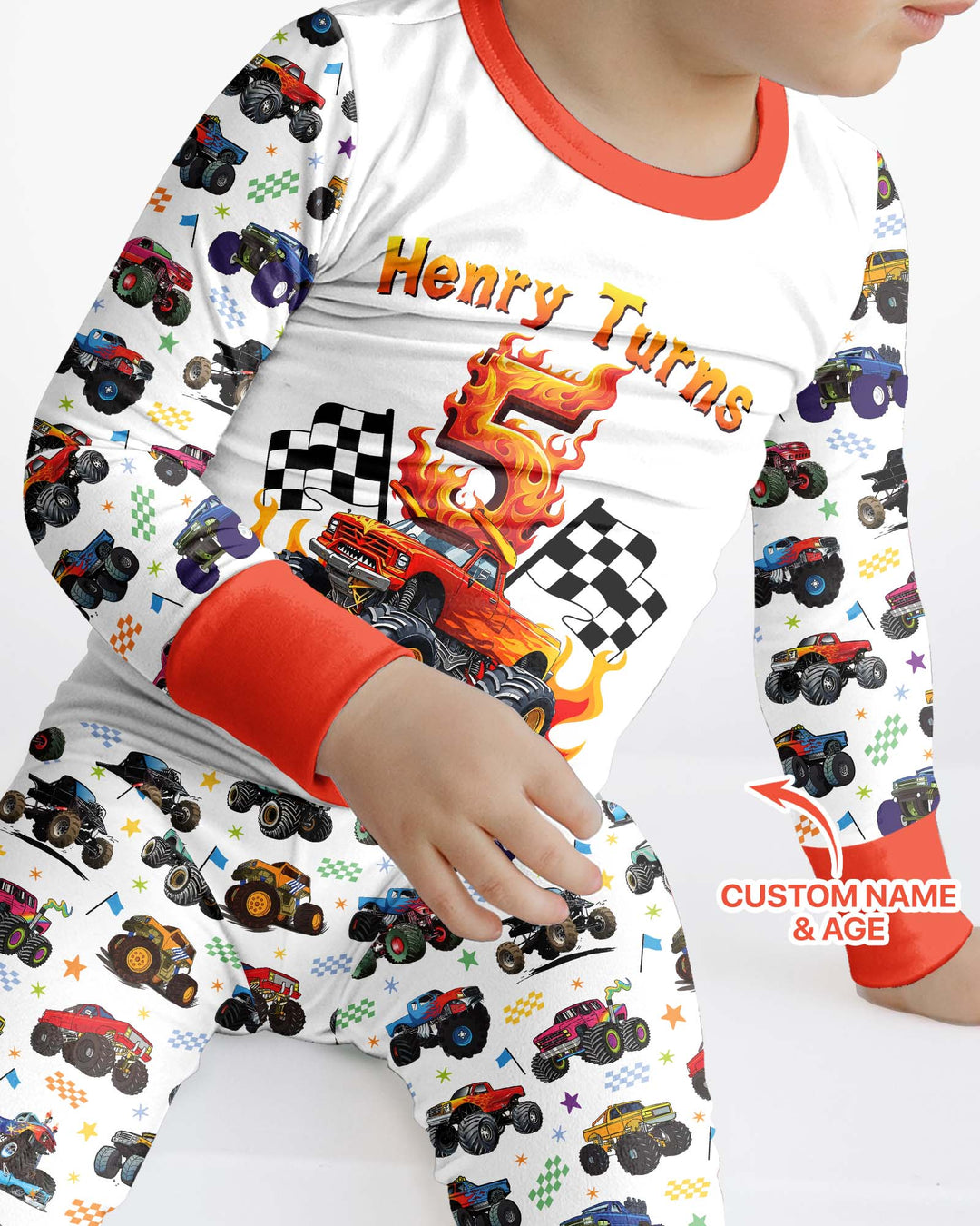 Monster Truck Birthday Boy Custom Name & Age Bamboo Two Piece Long Sleeve Pajama Set