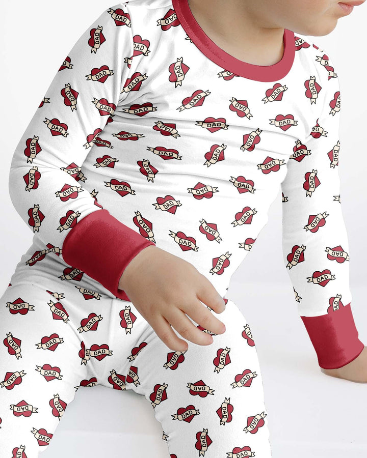 Old School Dad Hearts Daddy & Me Matching Bamboo Two Piece Long Sleeve Pajama Set