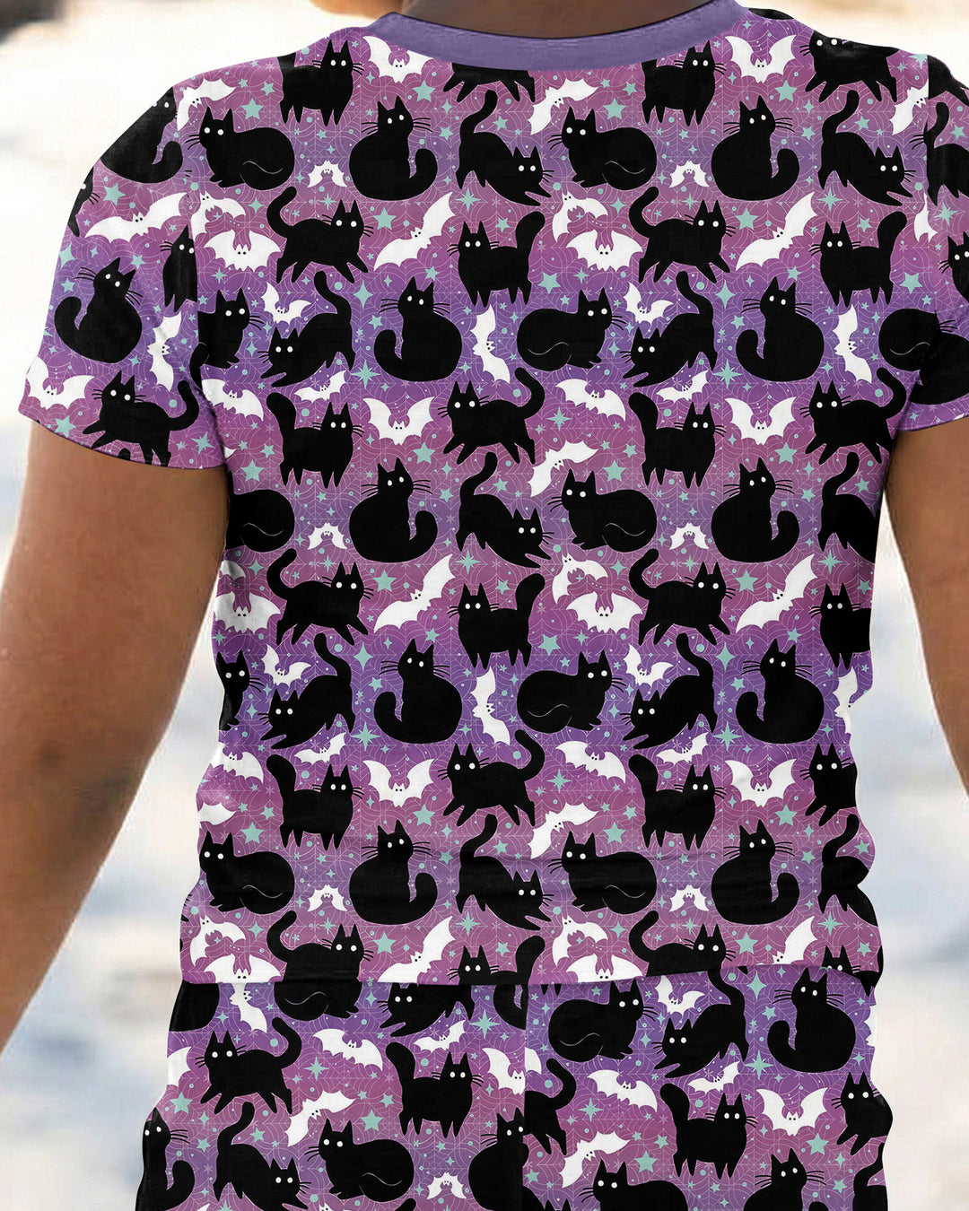 Spooky Black Cat Halloween Purple Bats Bamboo Two Piece Short Sleeve Pajama Set