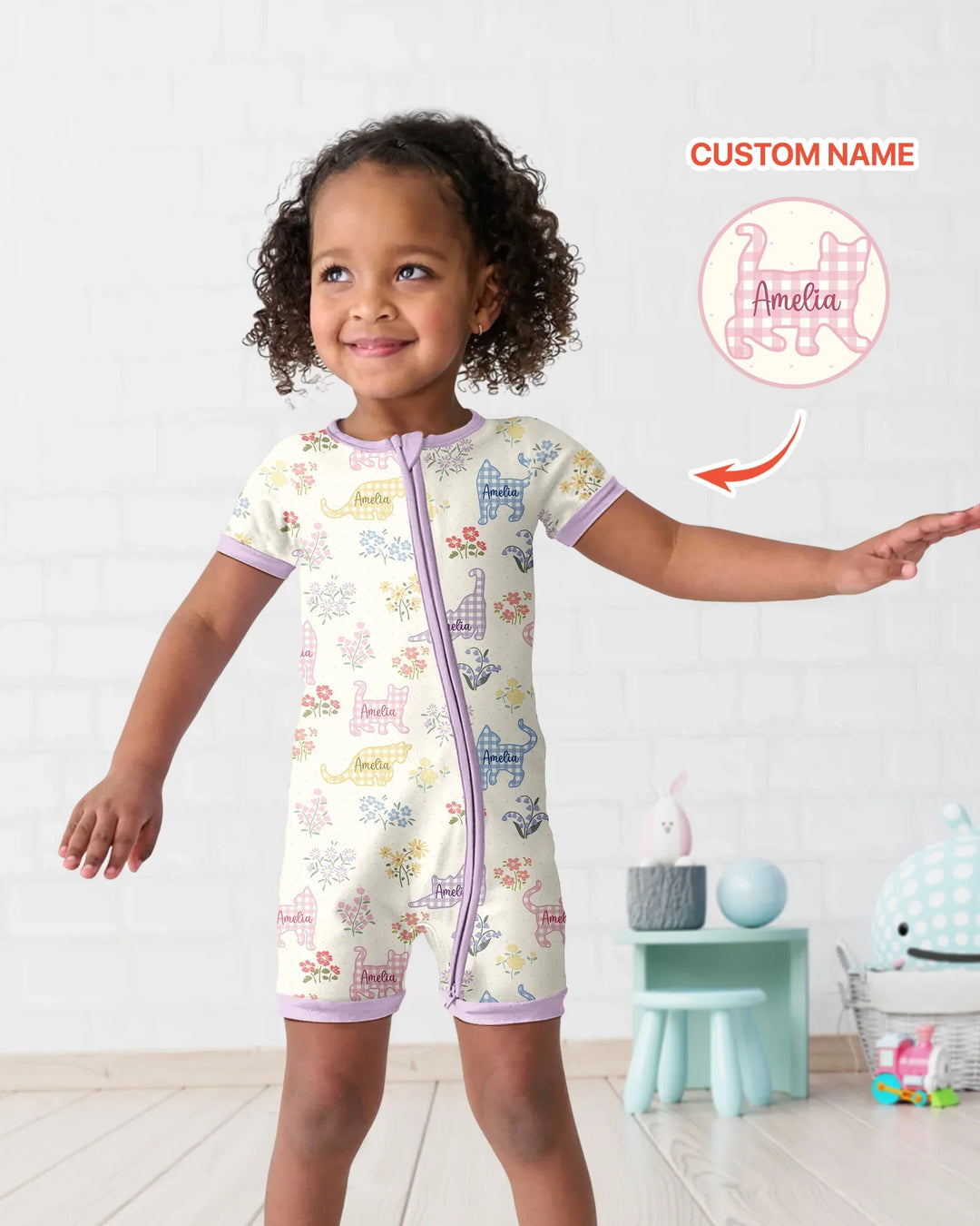 Gingham Cats Custom Name Bamboo Shorty Zippy