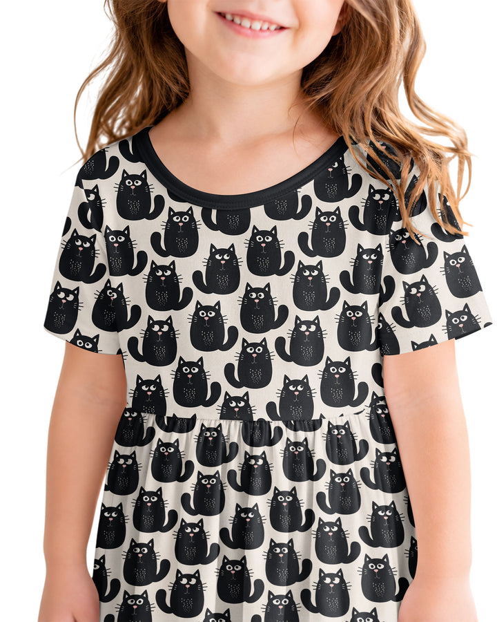Moody Black Cats in Black and White Bamboo Twirl Dress