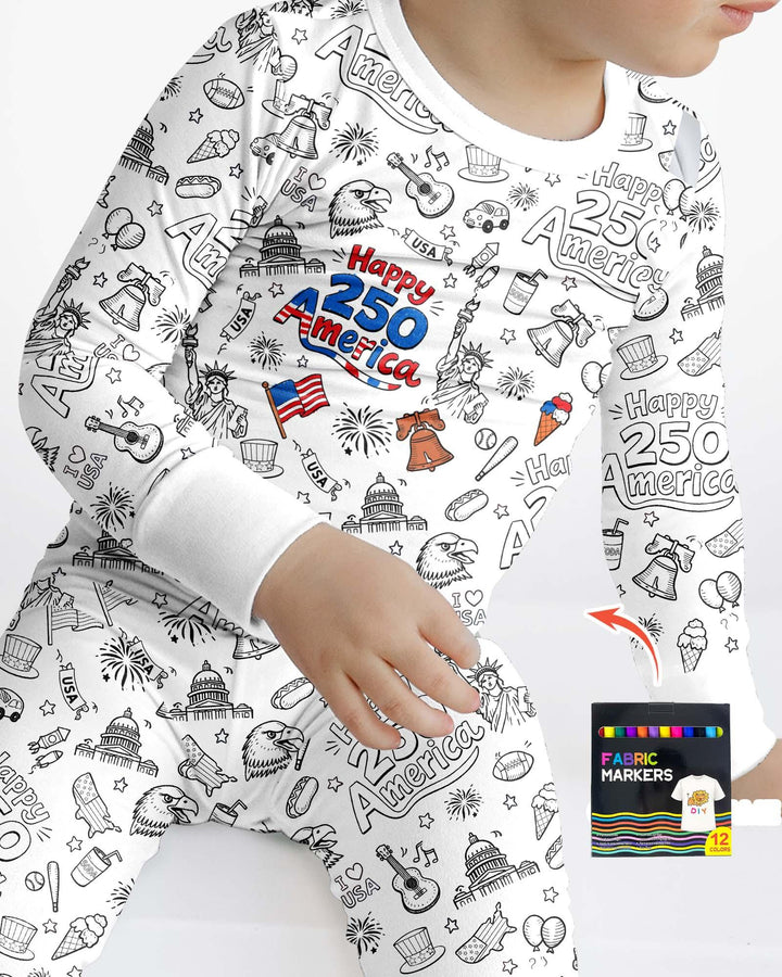 All Colorable Happy 250 America I love USA Bamboo Two Piece Long Sleeve Pajama Set
