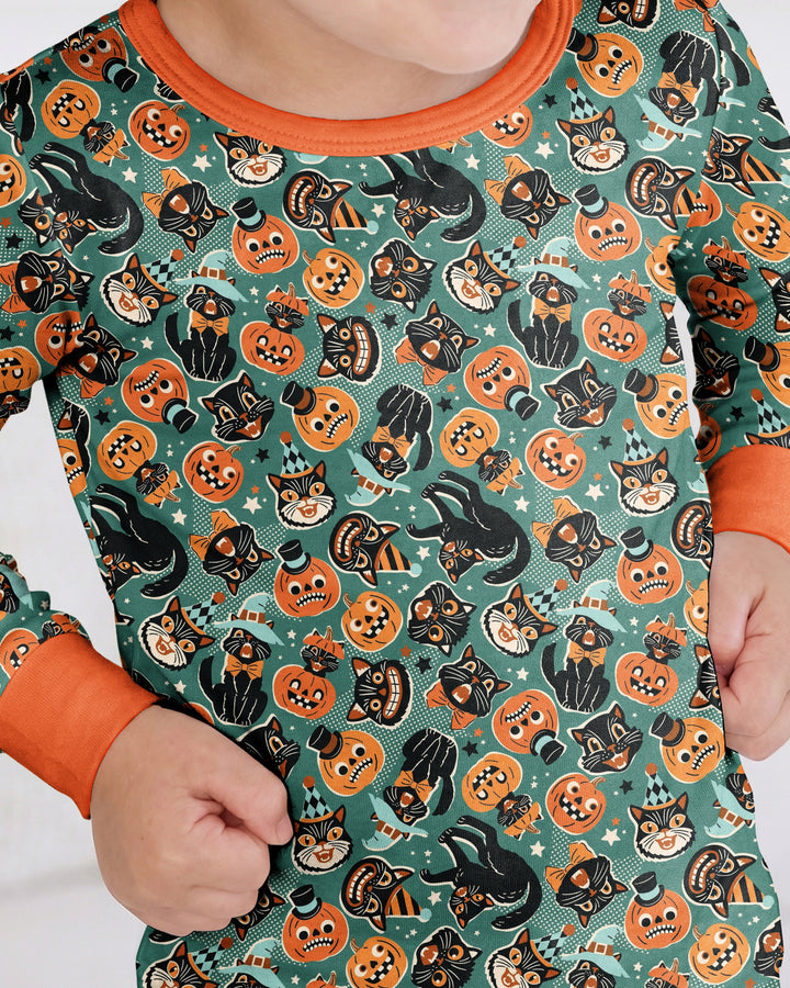 Retro Black Cat Witch Pumpkin Halloween Bamboo Two Piece Long Sleeve Pajama Set
