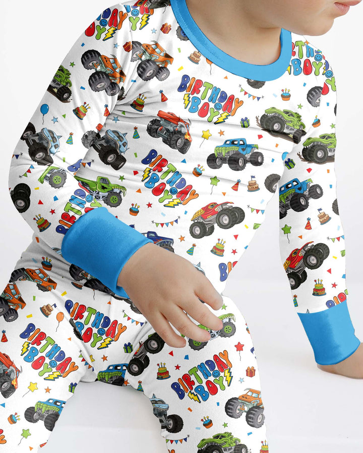 Monster Truck Birthday Boy Bamboo Two Piece Long Sleeve Pajama Set