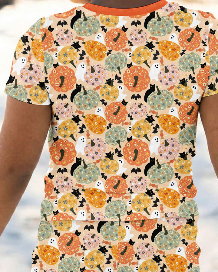 Floral Pumpkin Ghost Halloween Bamboo Two Piece Short Sleeve Pajama Set