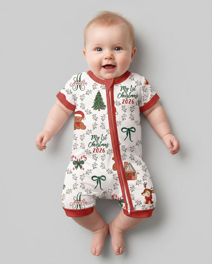 Custom name "Fancy Monogram Red Christmas 2026" Bamboo Shorty Zippy