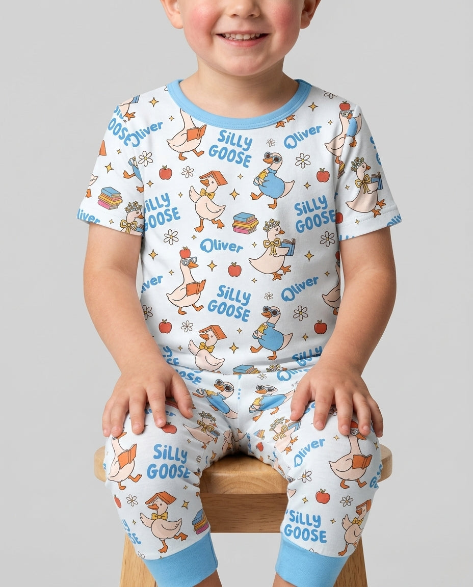 Custom Name Silly Goose Back to School Bamboo Two Piece Short Sleeve Pajama Set