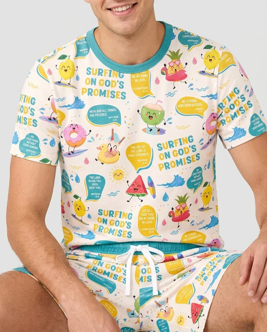 Summer Fruits Surfing On God's Promises Bamboo Men Short Sleeve Short Pajama Set