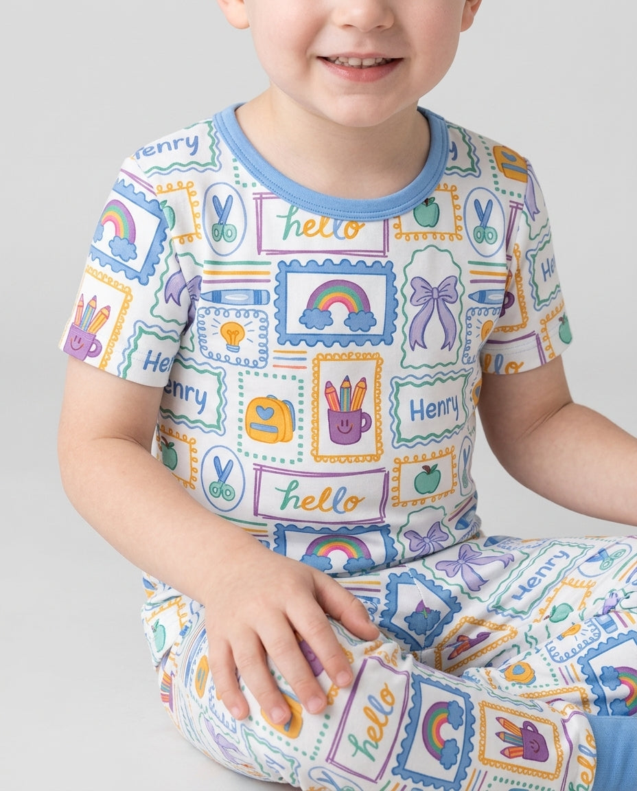 Custom Name Hello School Bamboo Two Piece Short Sleeve Pajama Set