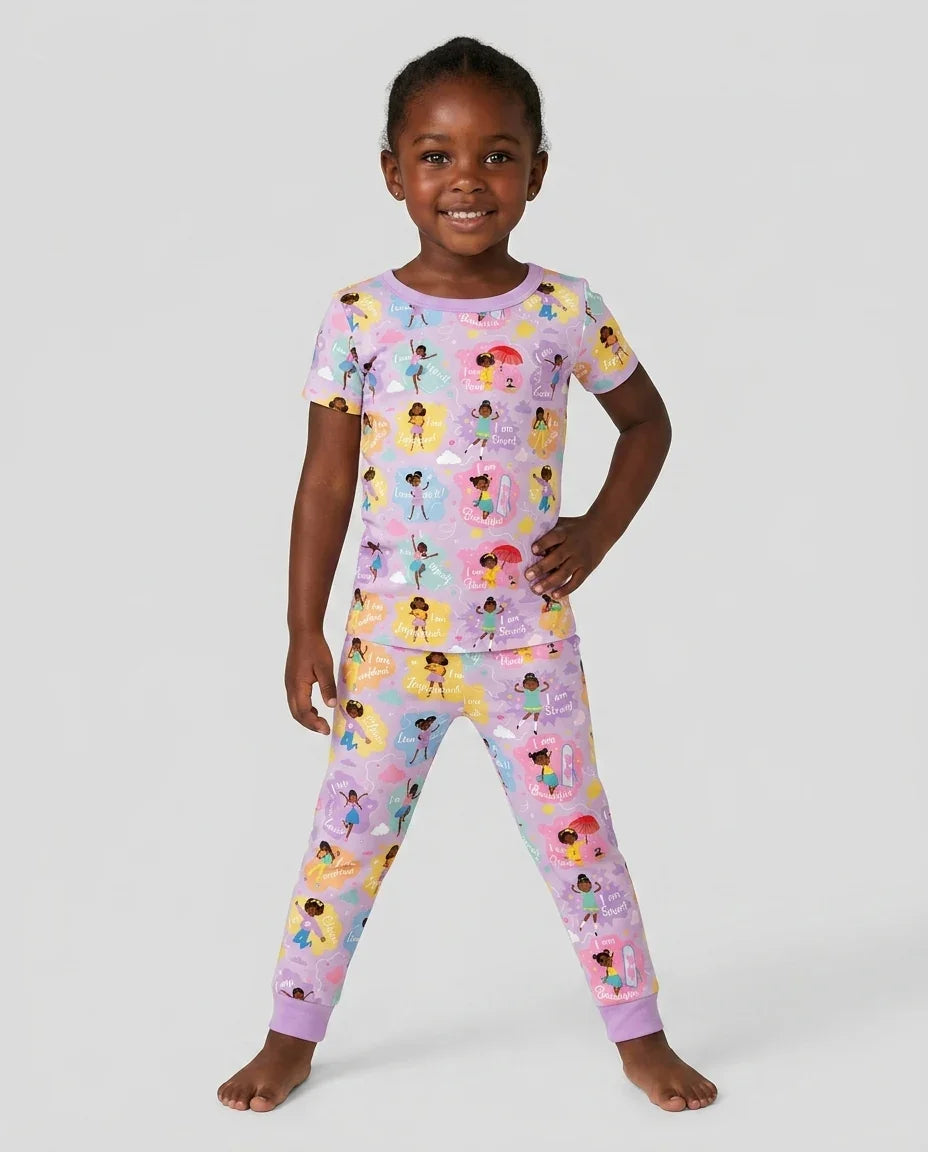 African American Girl I Am Loved Bamboo Two Piece Short Sleeve Pajama Set