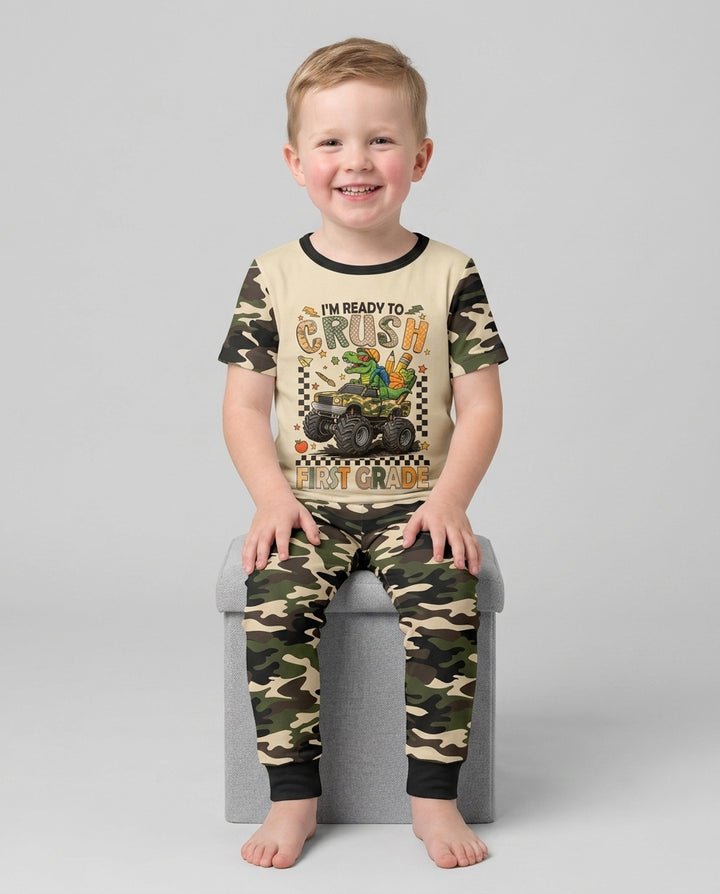 Back To School Monster Truck Dino Bamboo Two Piece Short Sleeve Pajama Set