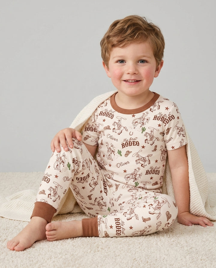 Custom Name First Rodeo Family Matching Bamboo Two Piece Short Sleeve Pajama Set