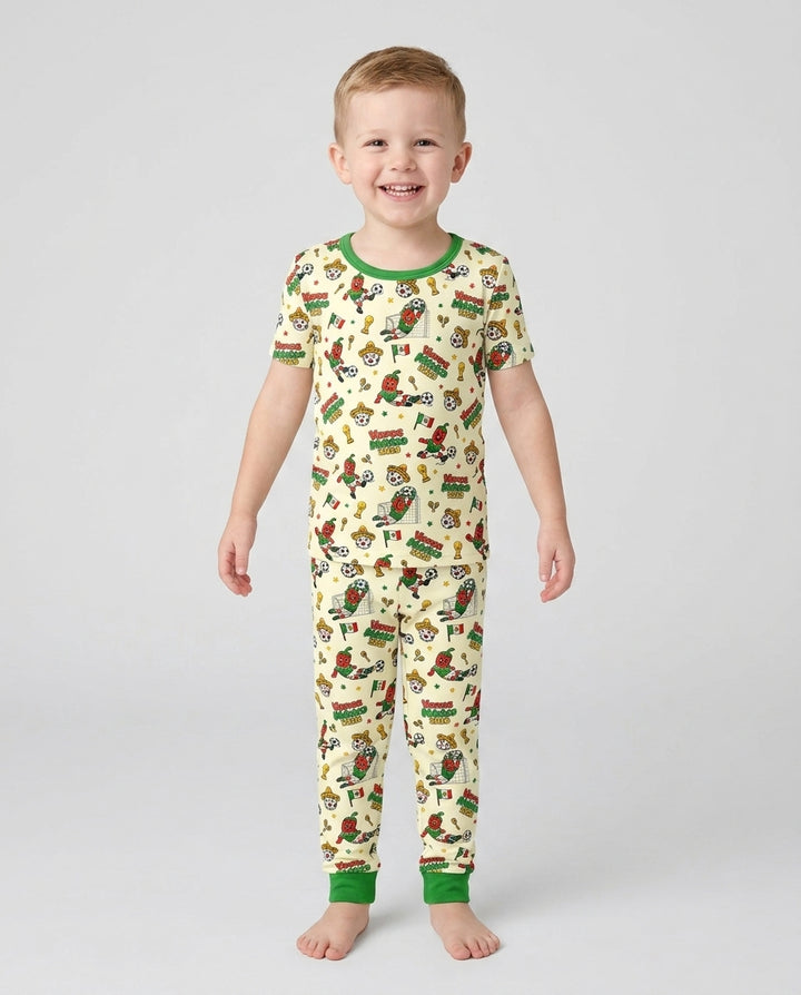 Cartoon World Soccer Vamos Mexico Family Matching Bamboo Two Piece Short Sleeve Pajama Set