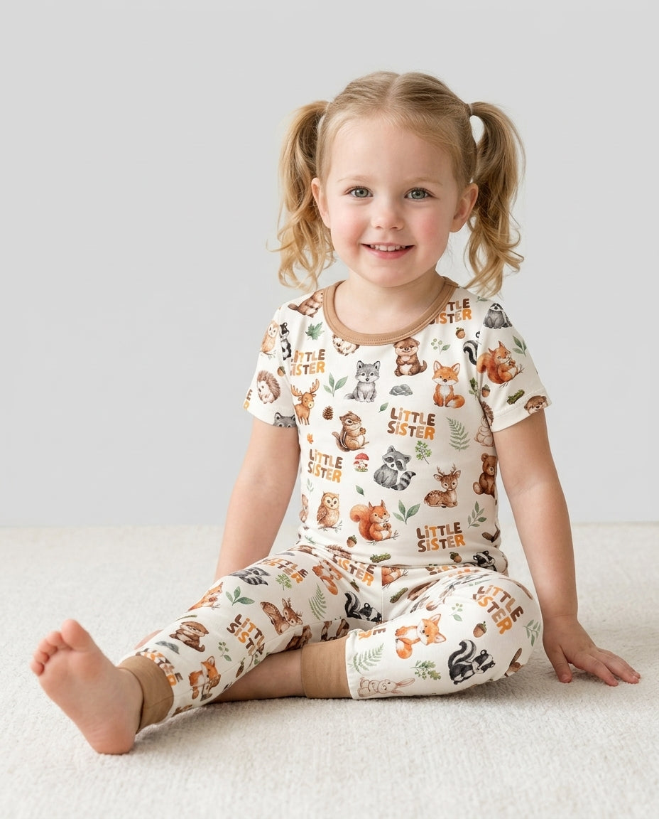Custom Quote Woodland Animal Matching Sibling Bamboo Two Piece Short Sleeve Pajama Set