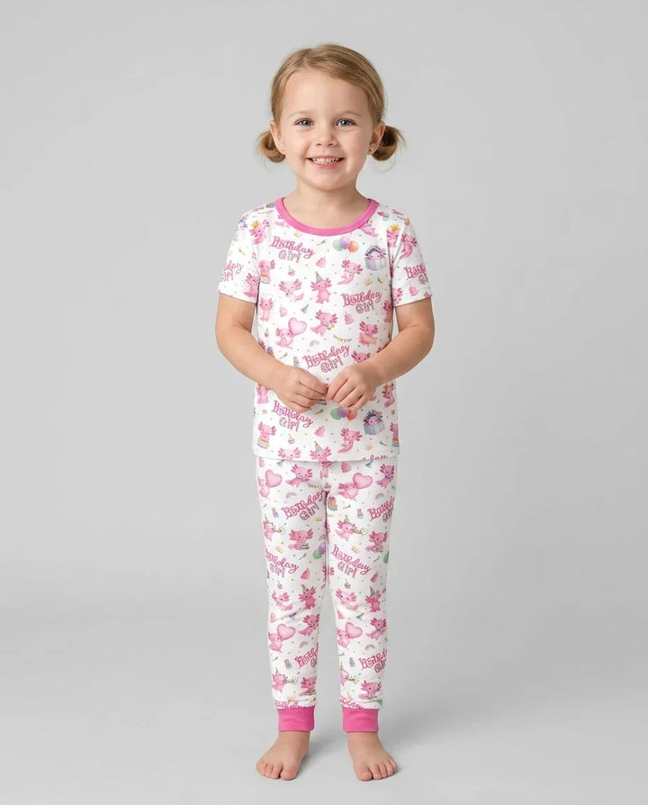 Cute Axolotl Birthday Girl Bamboo Two Piece Short Sleeve Pajama Set