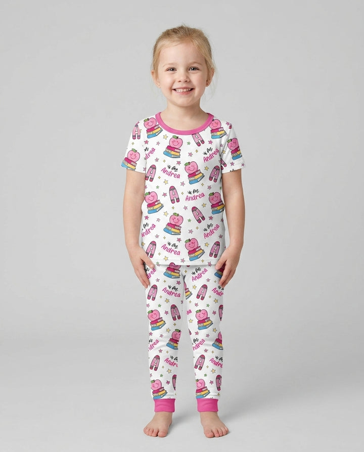 Custom Name Crayon Alphabet Bamboo Two Piece Short Sleeve Pajama Set