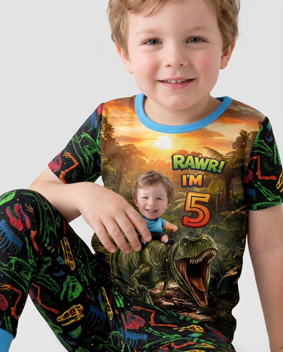 Custom Photo Dino Rawr Birthday Bamboo Two Piece Short Sleeve Pajama Set