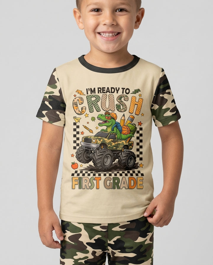 Back To School Monster Truck Dino Bamboo Two Piece Short Sleeve Pajama Set