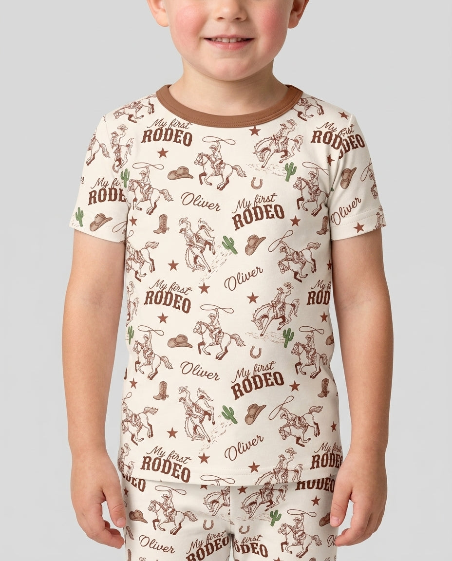 Custom Name First Rodeo Family Matching Bamboo Two Piece Short Sleeve Pajama Set