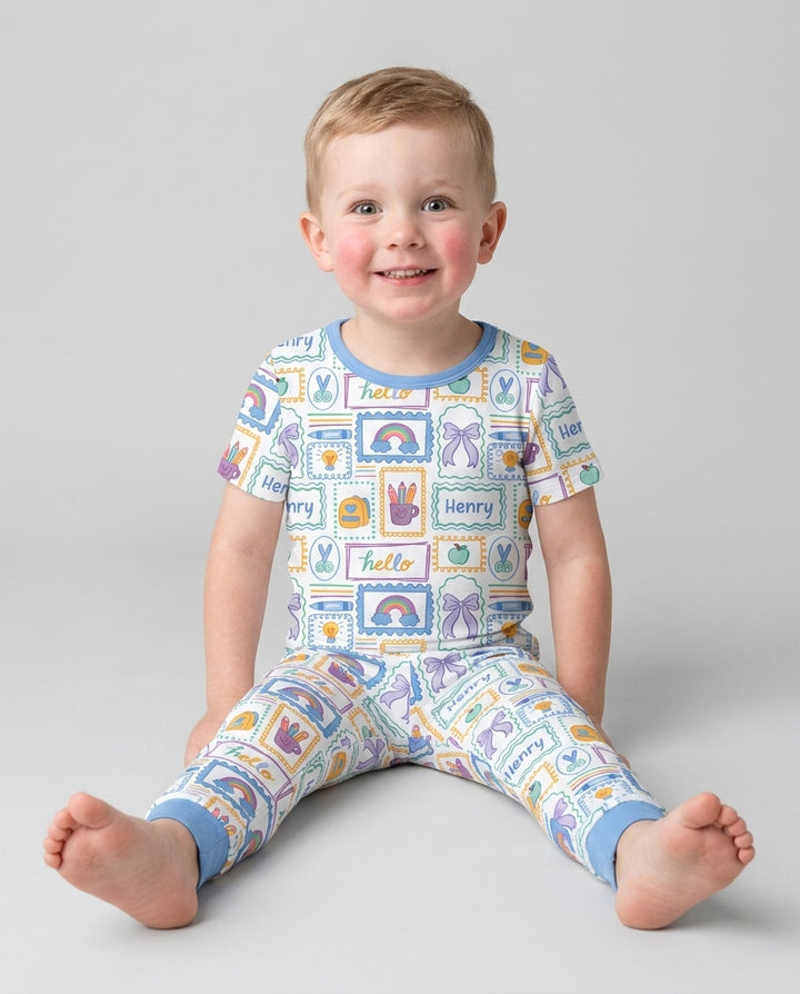 Custom Name Hello School Bamboo Two Piece Short Sleeve Pajama Set
