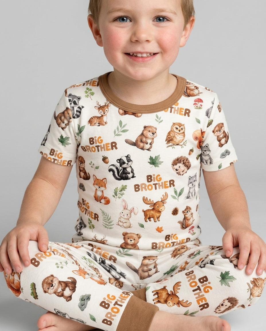 Custom Quote Woodland Animal Matching Sibling Bamboo Two Piece Short Sleeve Pajama Set