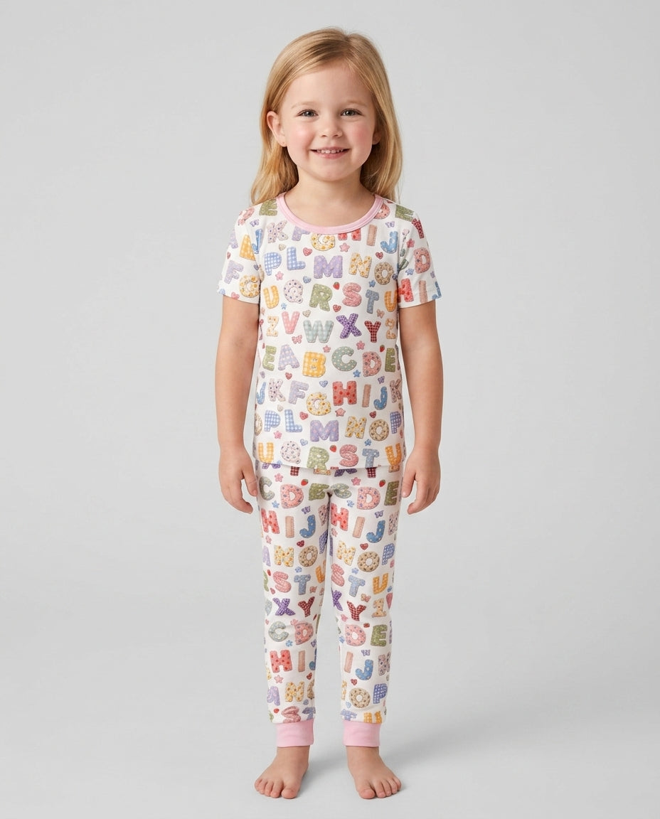 Fabric Alphabet Letters Bamboo Two Piece Short Sleeve Pajama Set