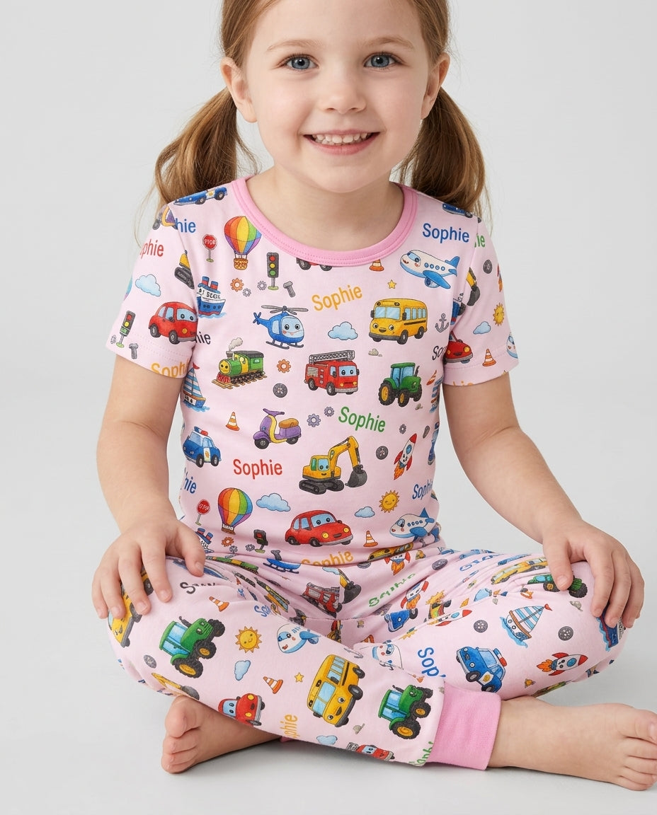 Custom Name Cute Transport Bamboo Two Piece Short Sleeve Pajama Set