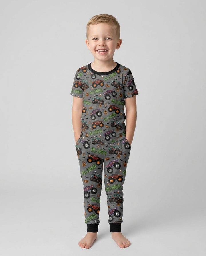 Custom Name Haunted Monster Trucks  Bamboo Two Piece Short Sleeve Pajama Set