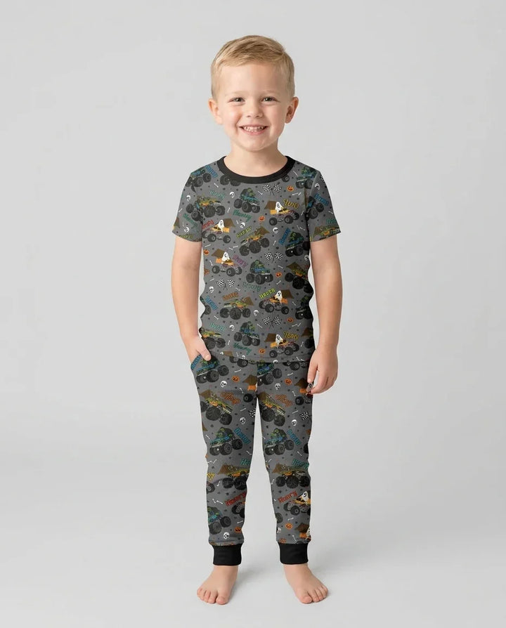 Custom Name Halloween Creepy Crusher Family Matching Bamboo Two Piece Short Sleeve Pajama Set