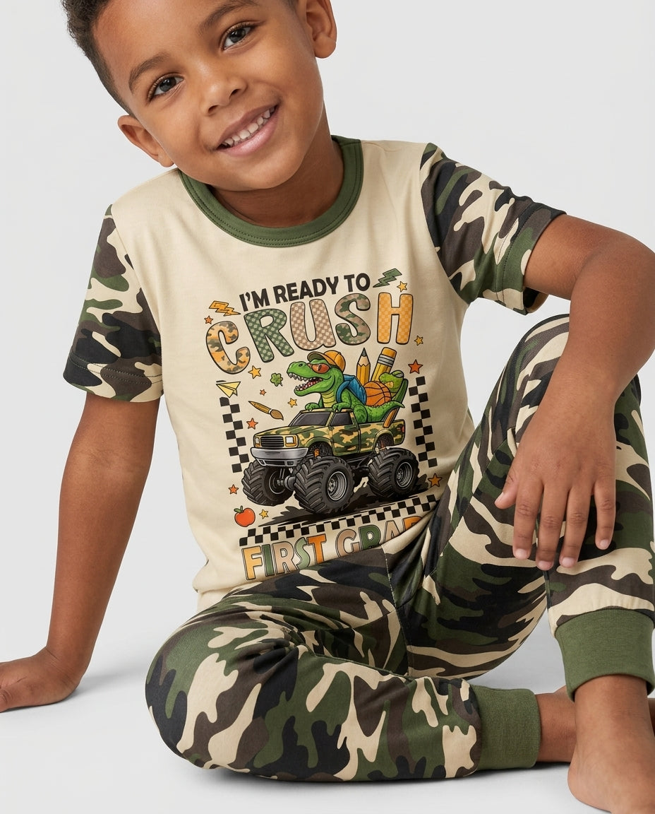 Back To School Monster Truck Dino Bamboo Two Piece Short Sleeve Pajama Set