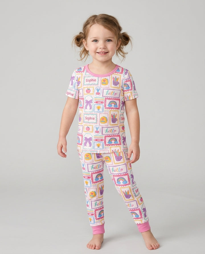 Custom Name Hello School Bamboo Two Piece Short Sleeve Pajama Set