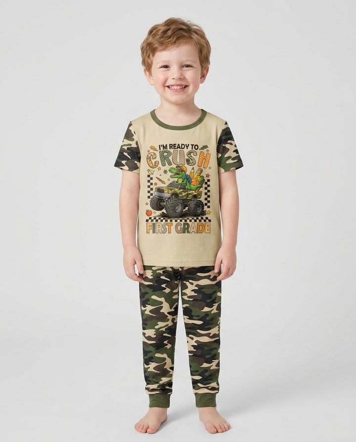 Back To School Monster Truck Dino Bamboo Two Piece Short Sleeve Pajama Set