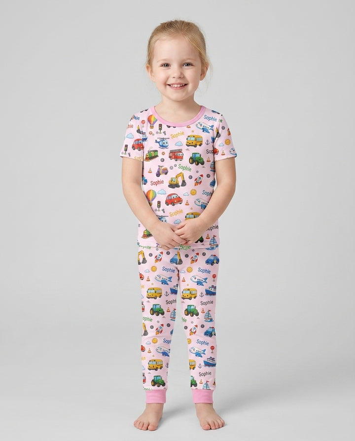 Custom Name Cute Transport Bamboo Two Piece Short Sleeve Pajama Set