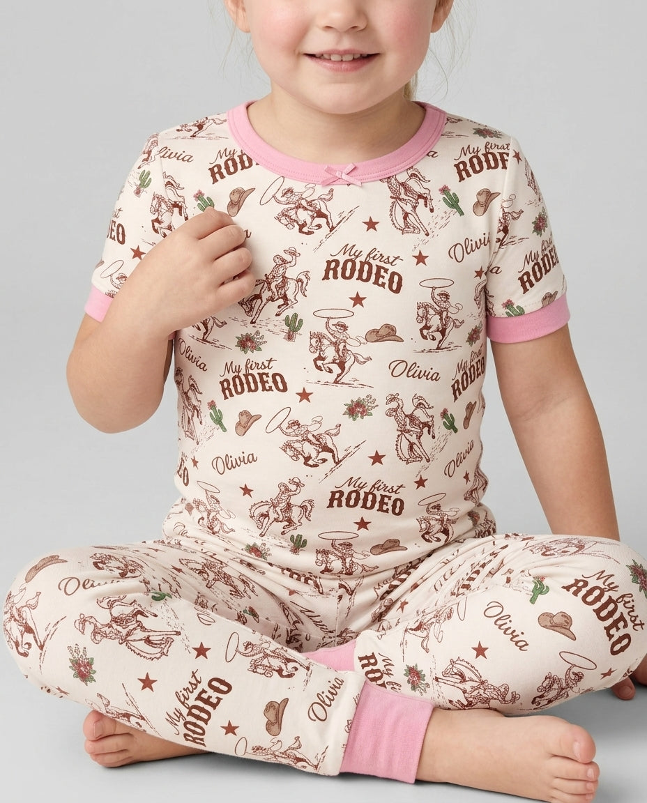 Custom Name First Rodeo Family Matching Bamboo Two Piece Short Sleeve Pajama Set